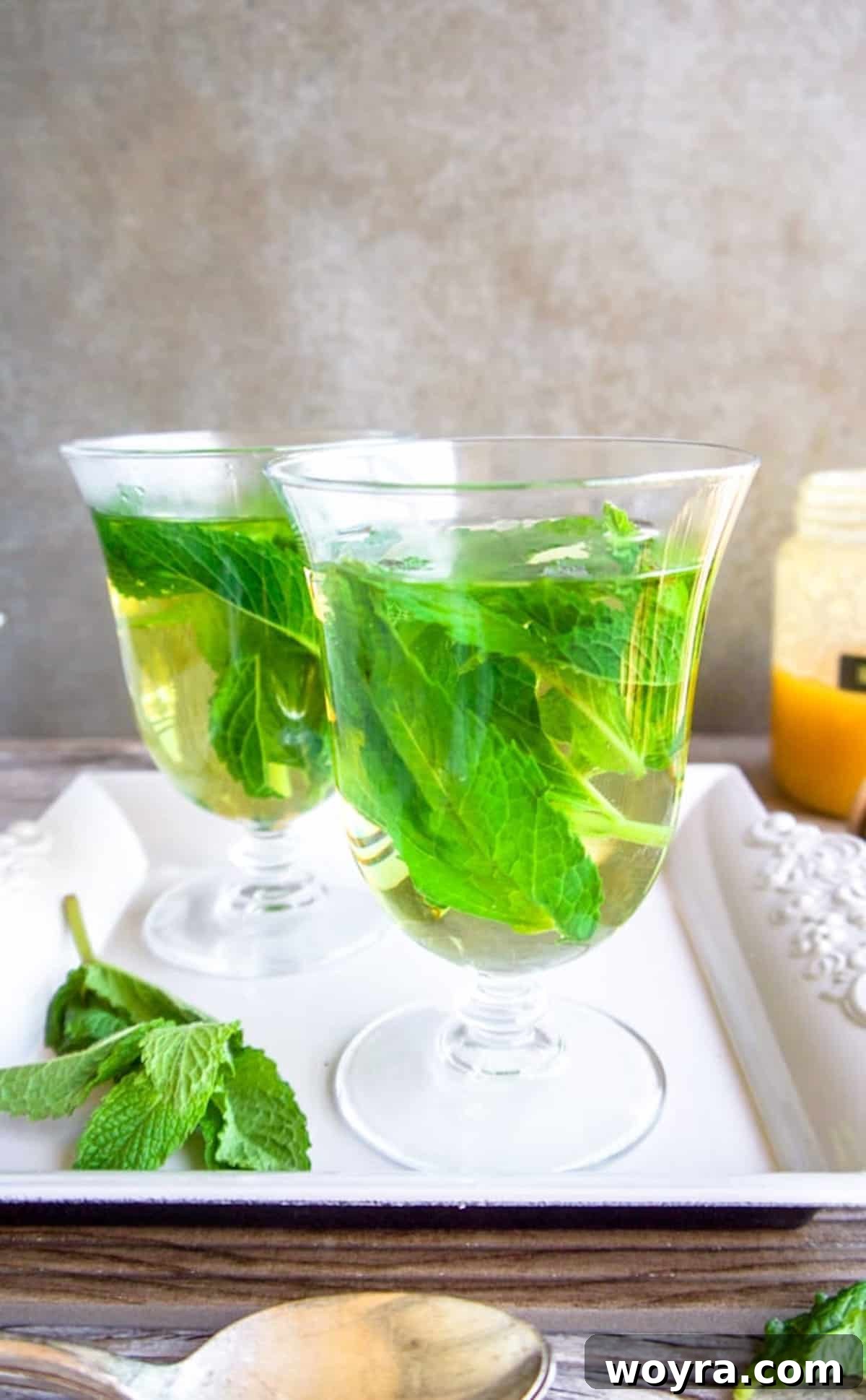 Minty Refreshment Brewed Simple 3 Side angle of mint tea in a cup with mint leaves inside.