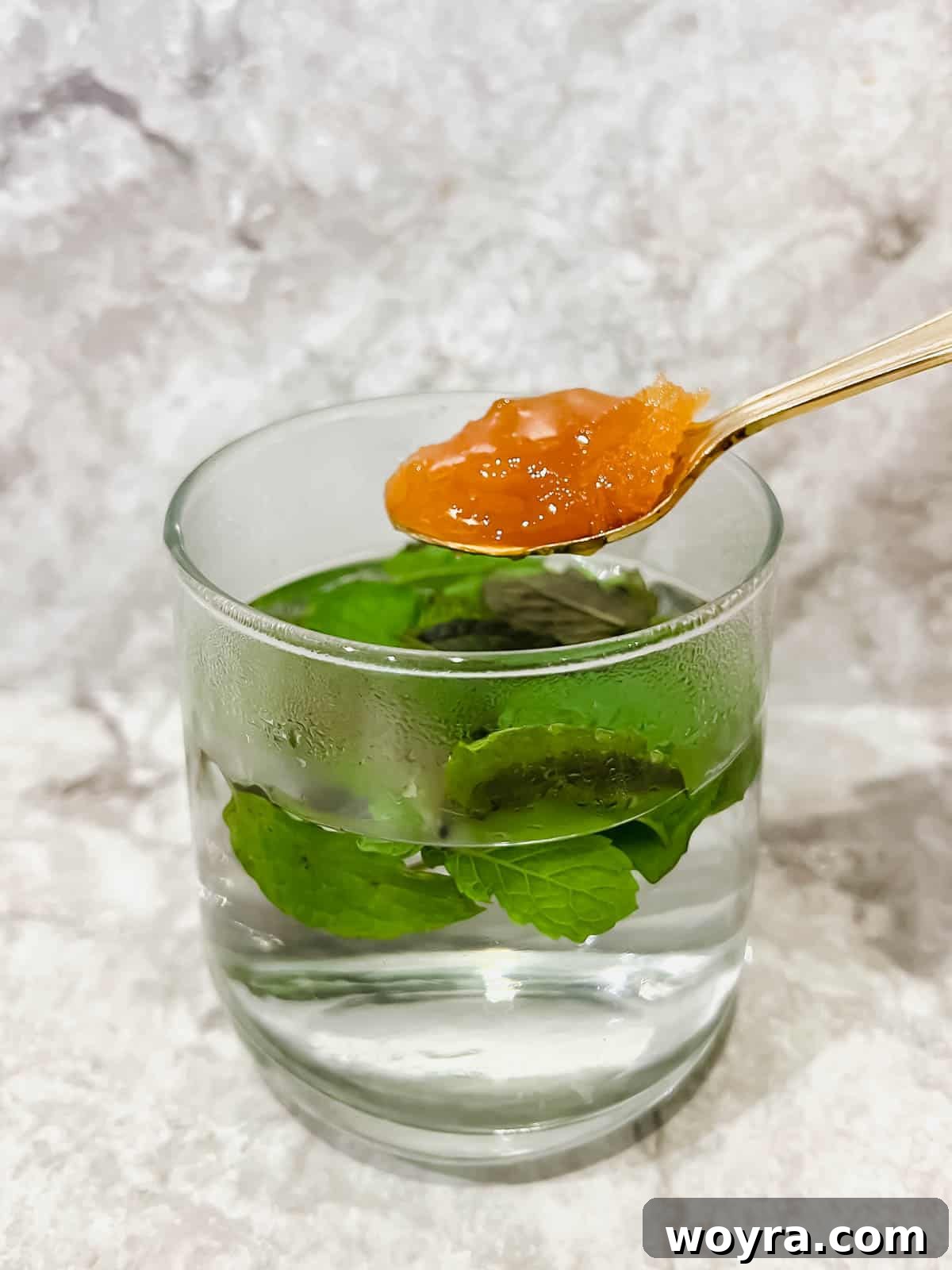 Minty Refreshment Brewed Simple 6 Hot water with mint leaves inside and honey about to be mixed in.