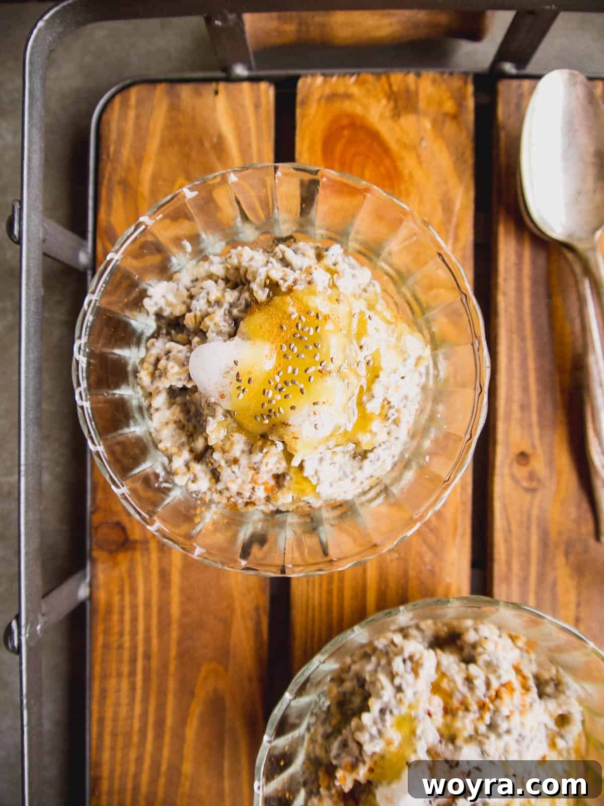 Nutrient-Rich Gluten-Free Steel Cut Oats with Chia and Coconut 4 Steel cut oats with chia seeds and coconut oil in a bowl.