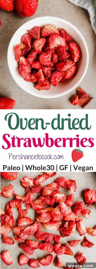 Paleo Gluten-Free Whole30 Friendly Oven Dried Strawberries 5 Delicious oven-dried strawberries scattered on a surface, highlighting their natural sweetness and appealing texture.