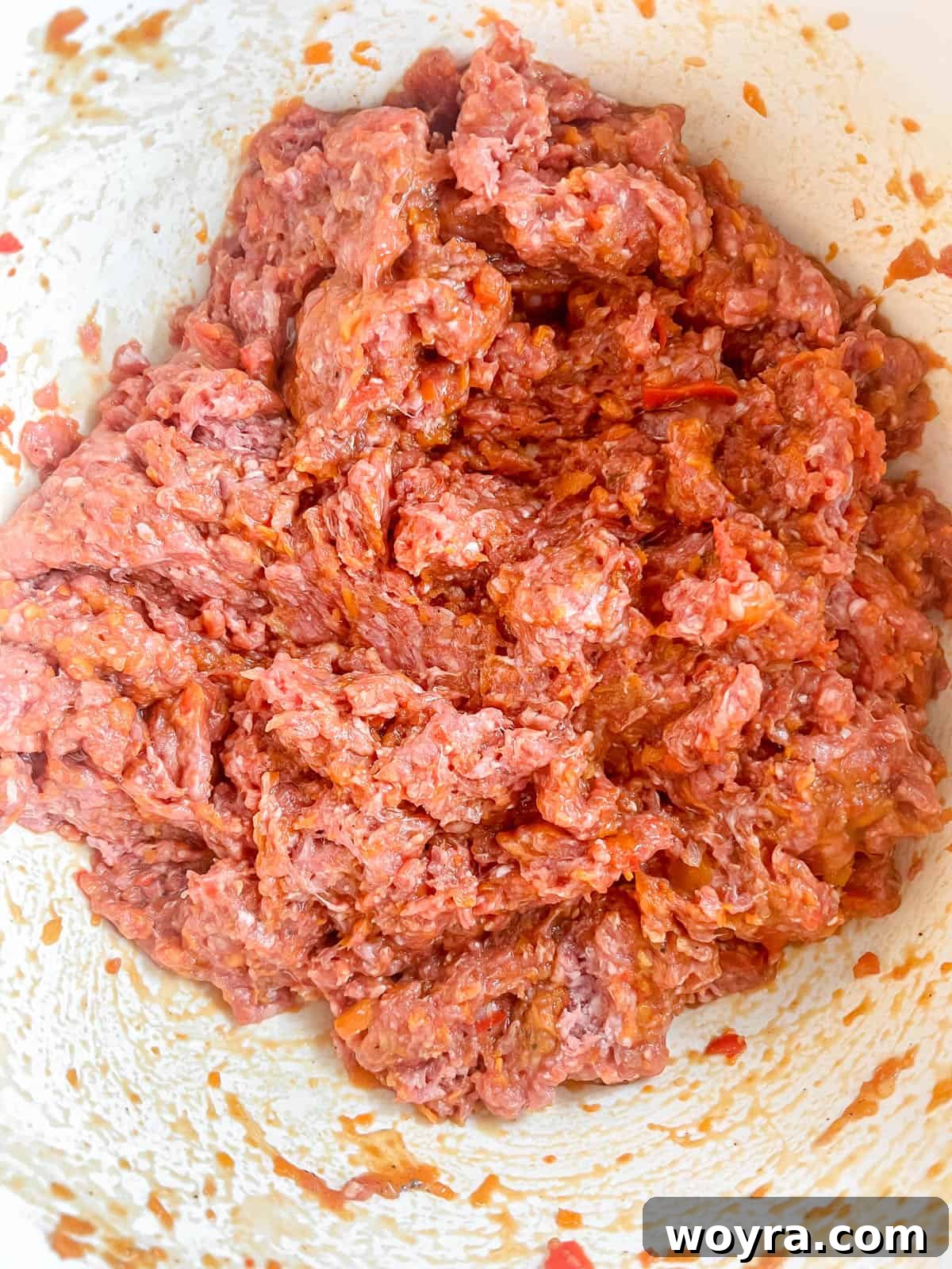 Clean Paleo Meatloaf 9 Paleo meatloaf mixture in a bowl before cooking.