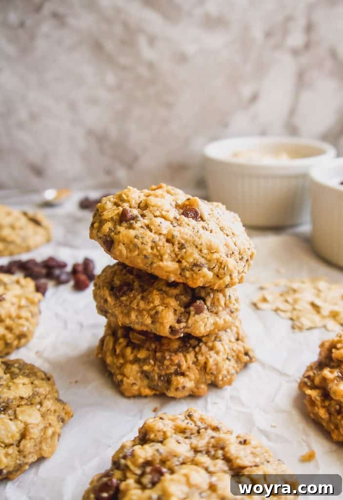 Wholesome Gluten Free Chia Oatmeal Cookies 3 Close-up of a stack of fresh Gluten-Free Chia Oatmeal Cookies, showcasing their soft texture.