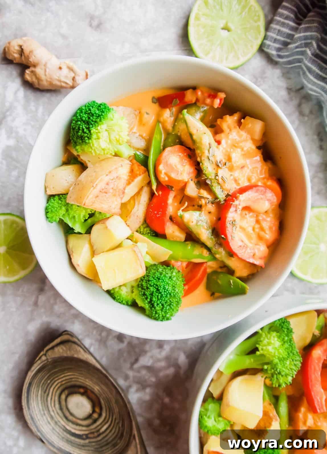 Plant-Based Paleo Thai Red Curry 11 A large bowl filled with delicious Thai vegetable red curry, ready to be served.