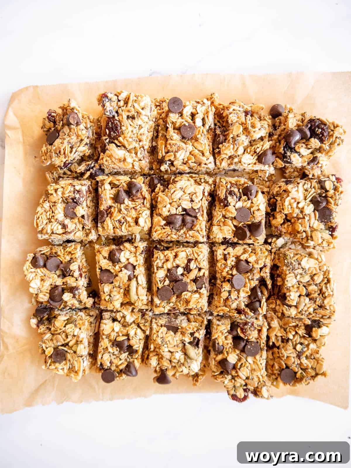 Homemade gluten-free almond butter granola bars cut into neat squares, offering an alternative serving suggestion.