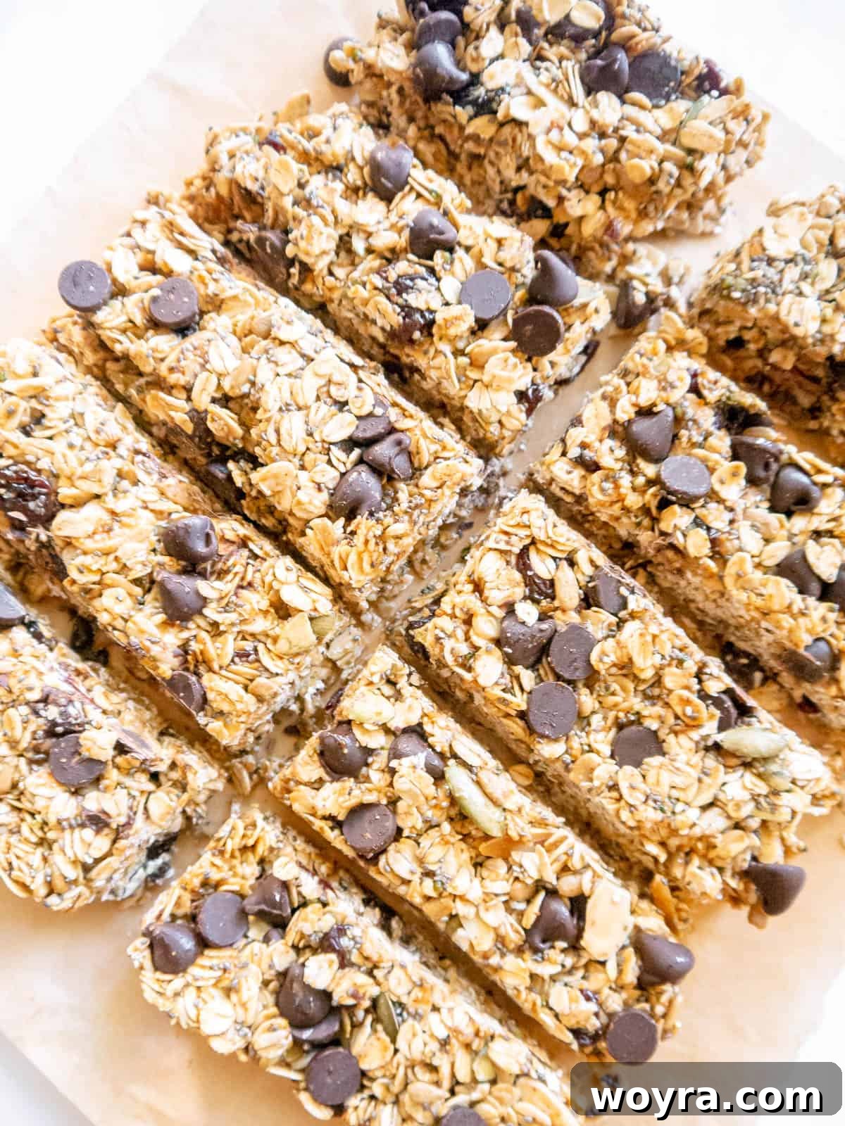 Close-up side view of a freshly cut no-bake gluten-free almond butter granola bar, showcasing its texture and ingredients.