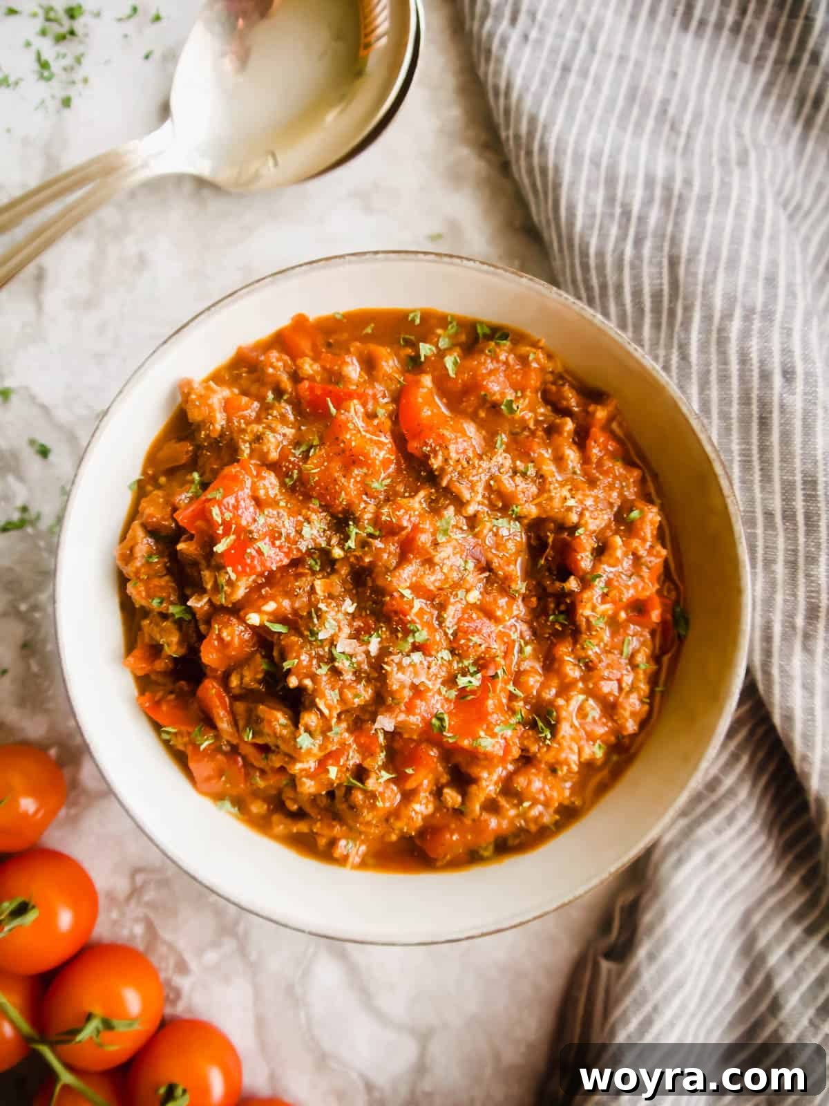 Fiery Homemade Meat Sauce 4 Spicy bolognese sauce in a bowl.