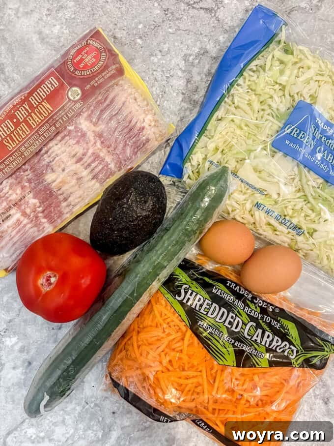 Vibrant Cabbage Slaw 3 Assortment of fresh vegetables and bacon for a healthy cabbage salad.