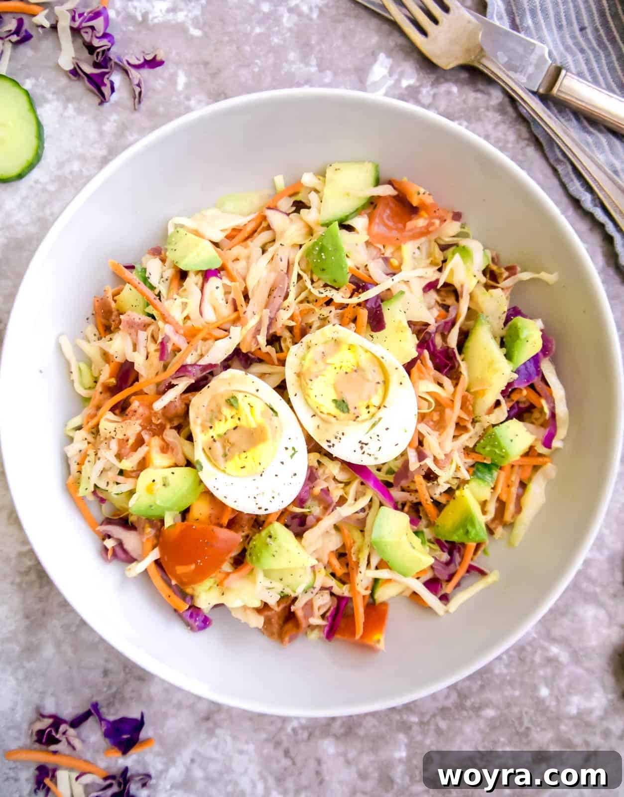 Vibrant Cabbage Slaw 10 Large plate of healthy cabbage crunch salad with fresh toppings.