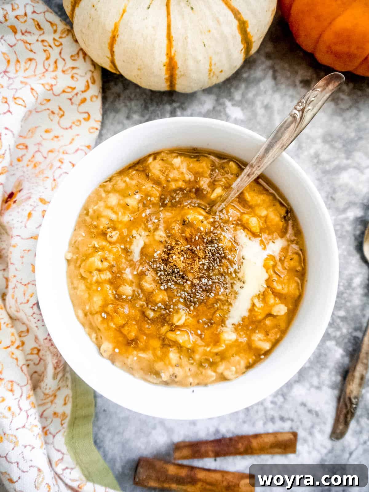 Autumn Glow: Gluten-Free Pumpkin Collagen Oats 3 Close-up of creamy collagen oatmeal made with pumpkin puree and a dusting of cinnamon, highlighting its inviting texture.