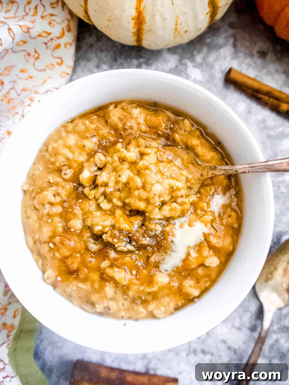 Pumpkin Spice Collagen Oats for Radiance 4 A bowl of healthy pumpkin oatmeal recipe made with collagen and almond milk, garnished with spices and seeds.