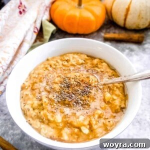 Pumpkin oatmeal with collagen, chia seeds and cinnamon on top.