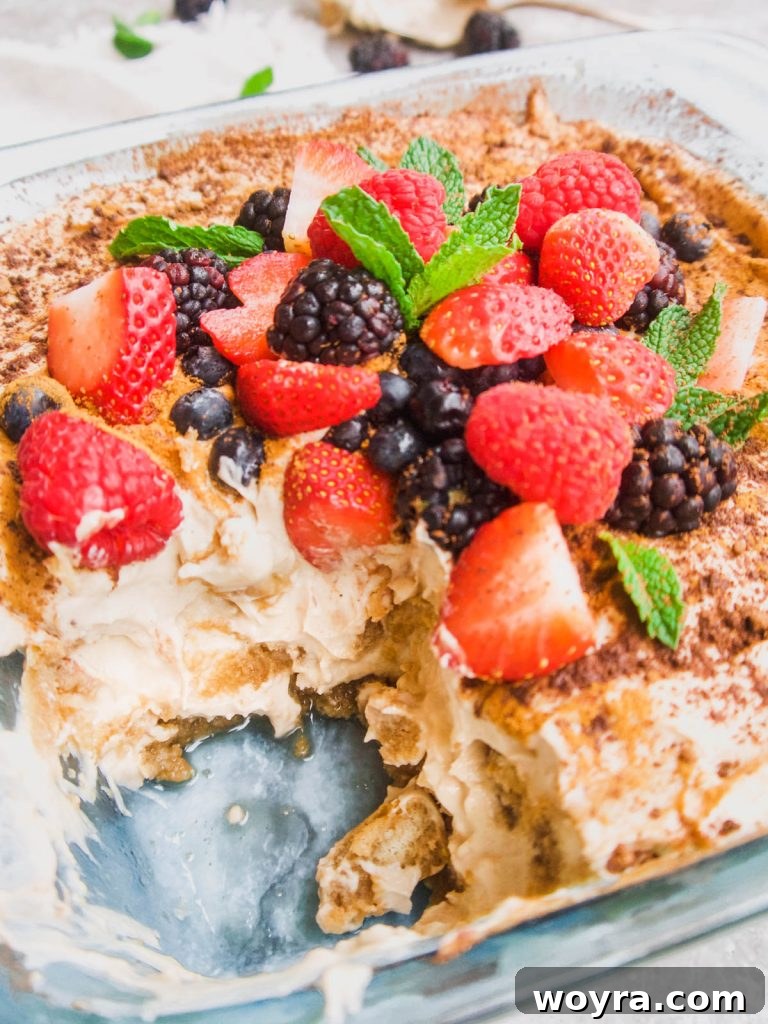 Berry Cloud Tiramisu 6 Layers of Dairy-Free Fresh Berry Tiramisu in a glass dish