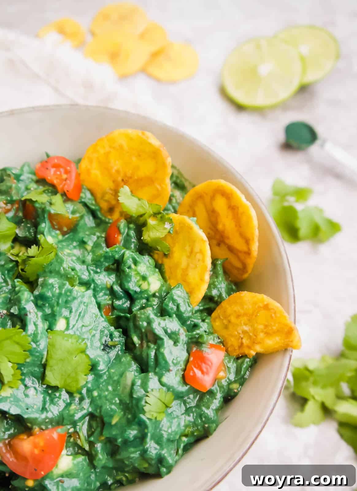 Green Power Guacamole 5 Spirulina Guacamole served with crispy plantain chips, a healthy and delicious snack.