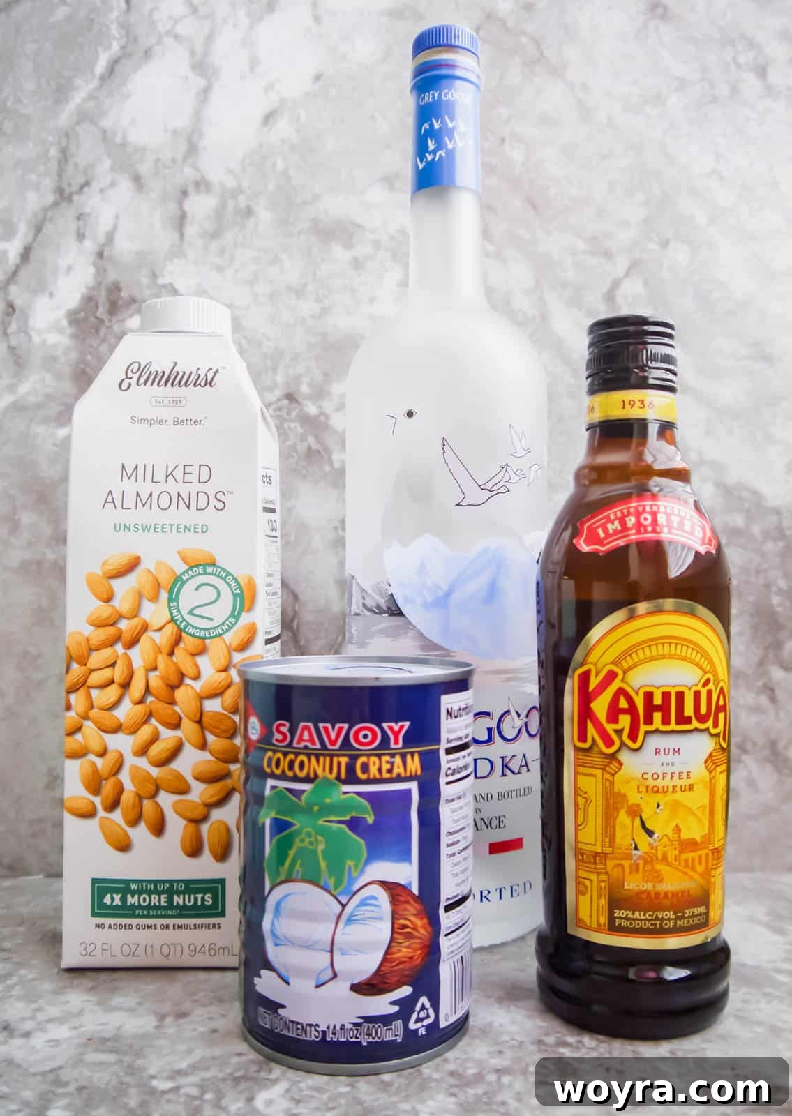 Velvet White Russian 4 Ingredients needed to make dairy-free White Russian, neatly arranged for clarity.