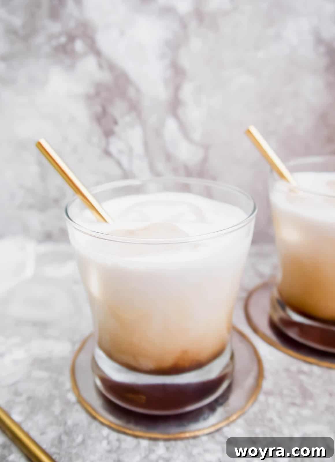 Velvet White Russian 6 Side angle of white russian drink, capturing its rich color and inviting texture.