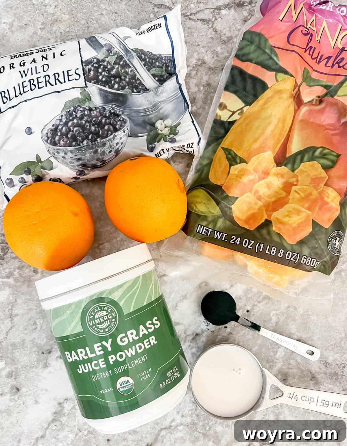 Wild Blueberry Super Green Smoothie 3 Ingredients needed to make a wild blueberry smoothie.