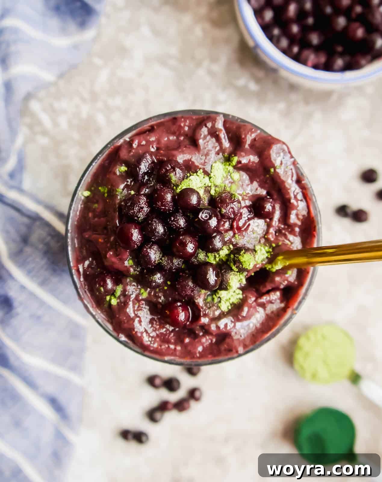 Wild Blueberry Super Green Smoothie 4 Aerial view of blueberry detox smoothie.