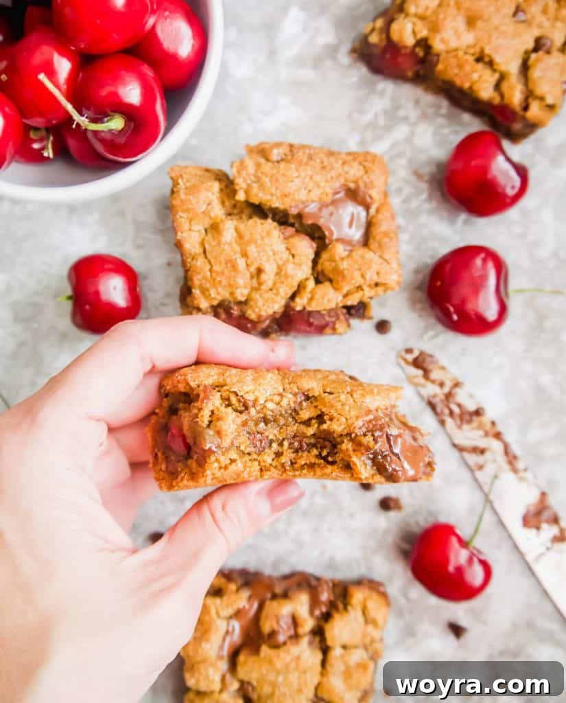 Paleo Chocolate Cherry Bliss Bars 4 A curated selection of key ingredients for Paleo Gluten-Free Chocolate Chip Cherry Cookie Bars, including flours, chocolate chips, and fresh cherries