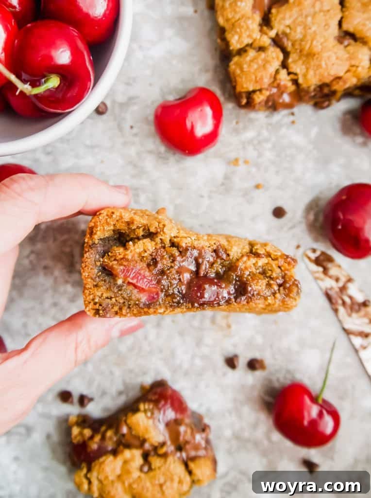 A tray of freshly baked Paleo Gluten-Free Chocolate Chip Cherry Cookie Bars, ready to be cut.