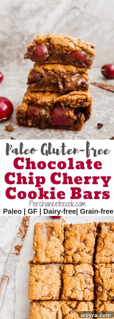 Paleo Chocolate Cherry Bliss Bars 8 A perfectly sliced Paleo Gluten-Free Chocolate Chip Cherry Cookie Bar revealing layers of chocolate and cherry