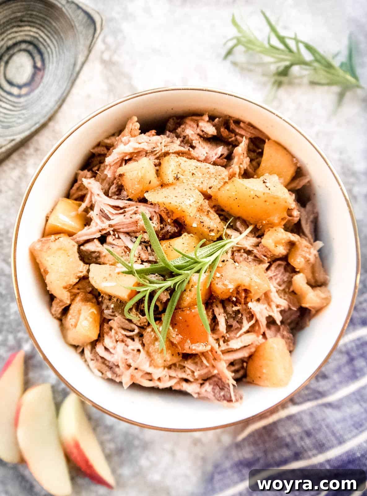Tender Apple-Infused Pulled Pork 2 A serving of flavorful Apple Pulled Pork in a rustic bowl, garnished with tender cooked apple pieces, ready to be enjoyed.