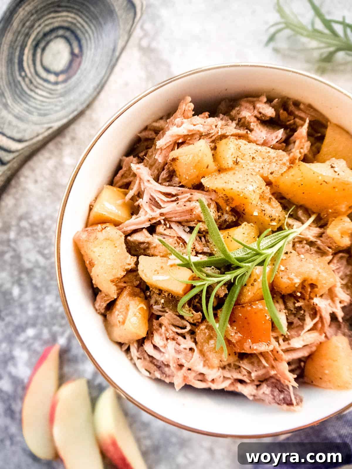 Tender Apple-Infused Pulled Pork 6 A close-up of a bowl filled with apple cider vinegar pulled pork, highlighting the tender shreds of meat and apple pieces, ready to be enjoyed as a meal.