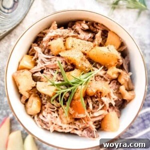 Apple pulled pork in a bowl with cooked apples on top.