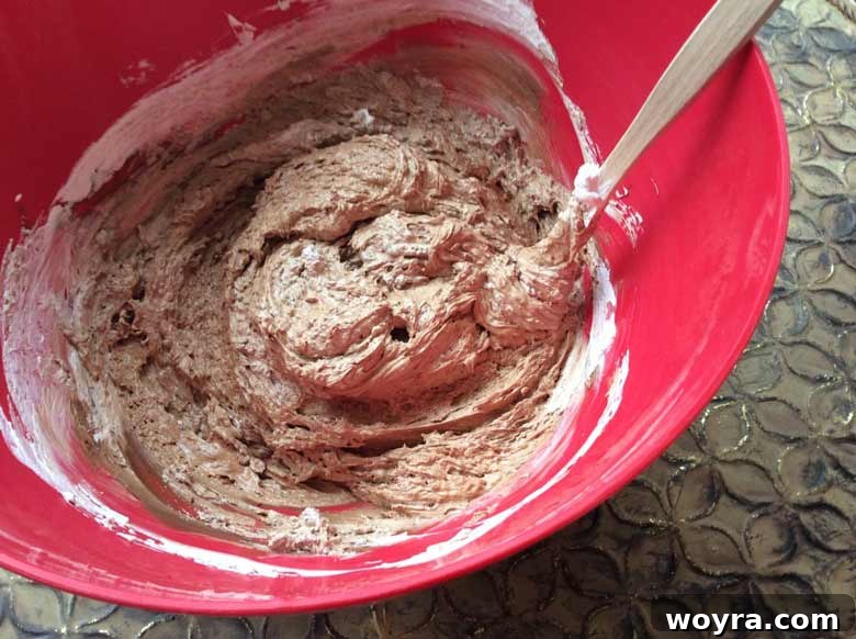 Silky Chocolate Mousse Bites 5 Smooth, thick chocolate mousse mixture in a bowl, showing the consistency after combining melted chocolate and Cool Whip.