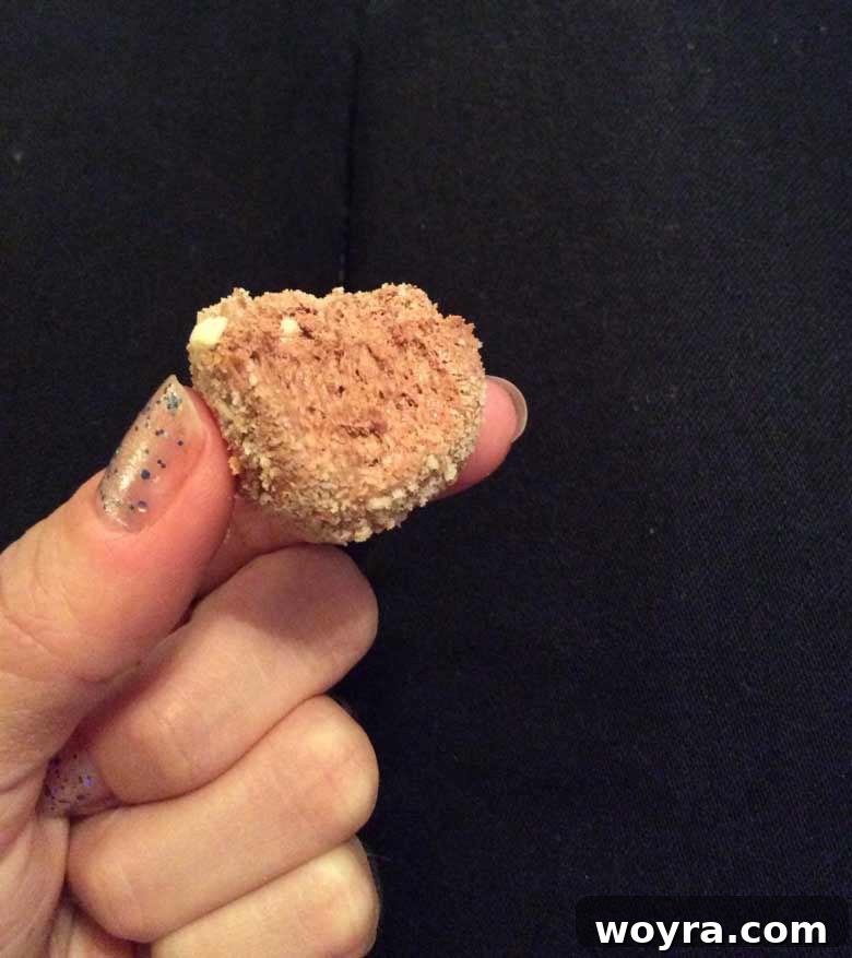 Silky Chocolate Mousse Bites 6 A freshly rolled chocolate mousse ball being coated in a bowl of finely crushed Nilla Wafer crumbs, ensuring a complete and even covering.