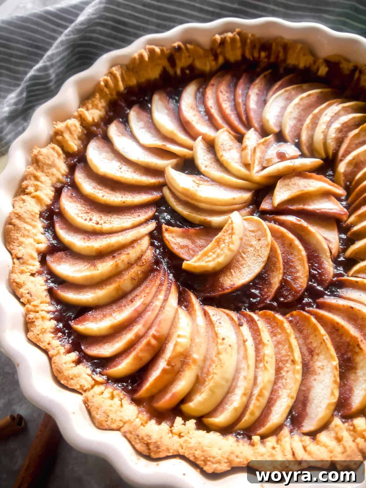 Ancestral Apple Indulgence 2 Close-up shot of a beautiful gluten free apple tart, highlighting its golden crust and neatly arranged apple slices.