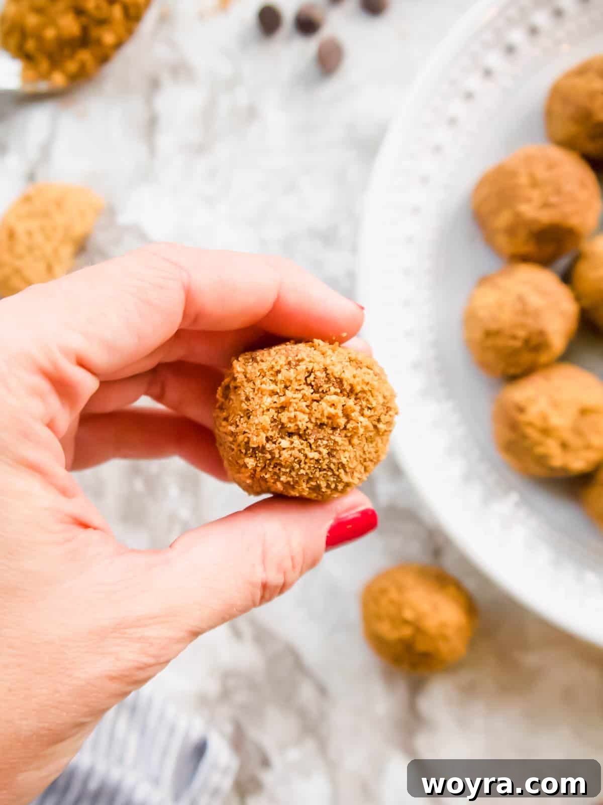 Velvety Chocolate Mousse Treats Dairy Free Gluten Free 8 A freshly rolled chocolate mousse ball, perfectly coated in crunchy cookie crumbs, held gently before being placed on a serving plate.
