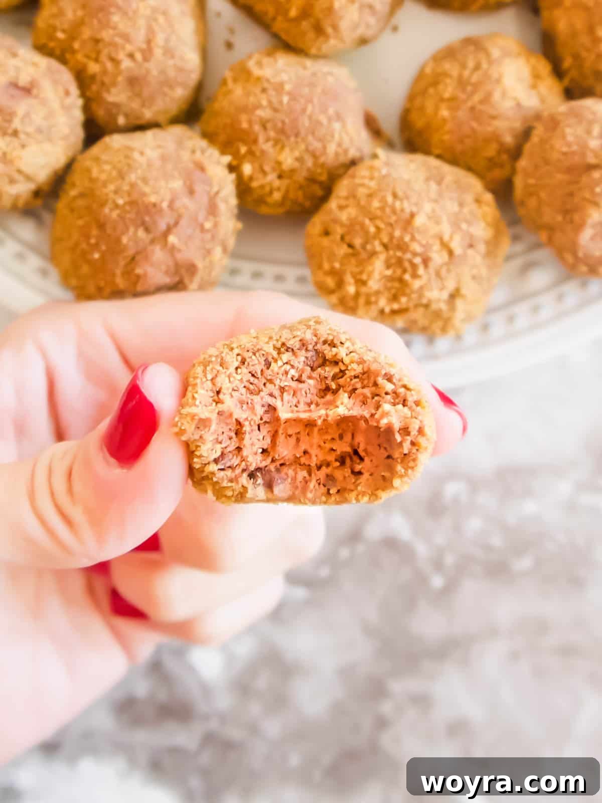 Velvety Chocolate Mousse Treats Dairy Free Gluten Free 9 A close-up shot of a dairy-free chocolate mousse ball with a perfect bite taken out, revealing its creamy, rich interior and crunchy cookie coating.