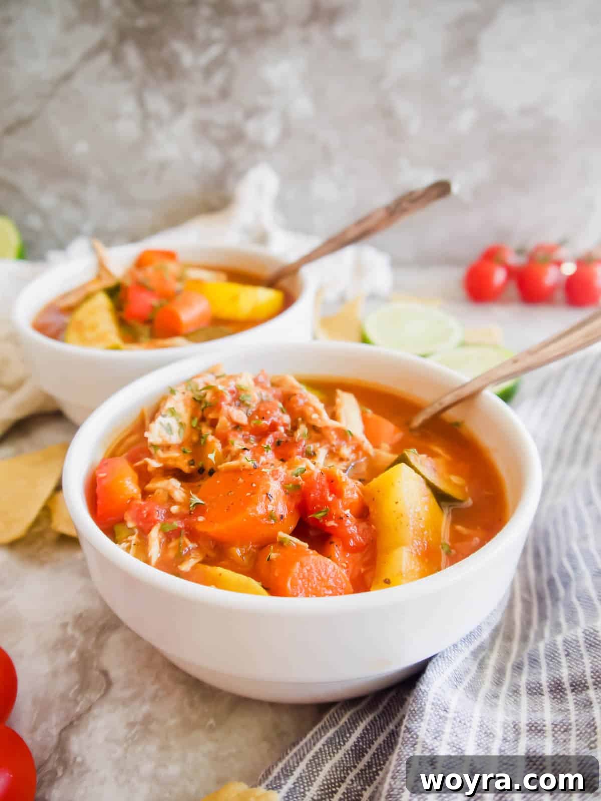 Close-up of Slow Cooker Shredded Chicken and Vegetable Chili showing vibrant vegetables and tender chicken.