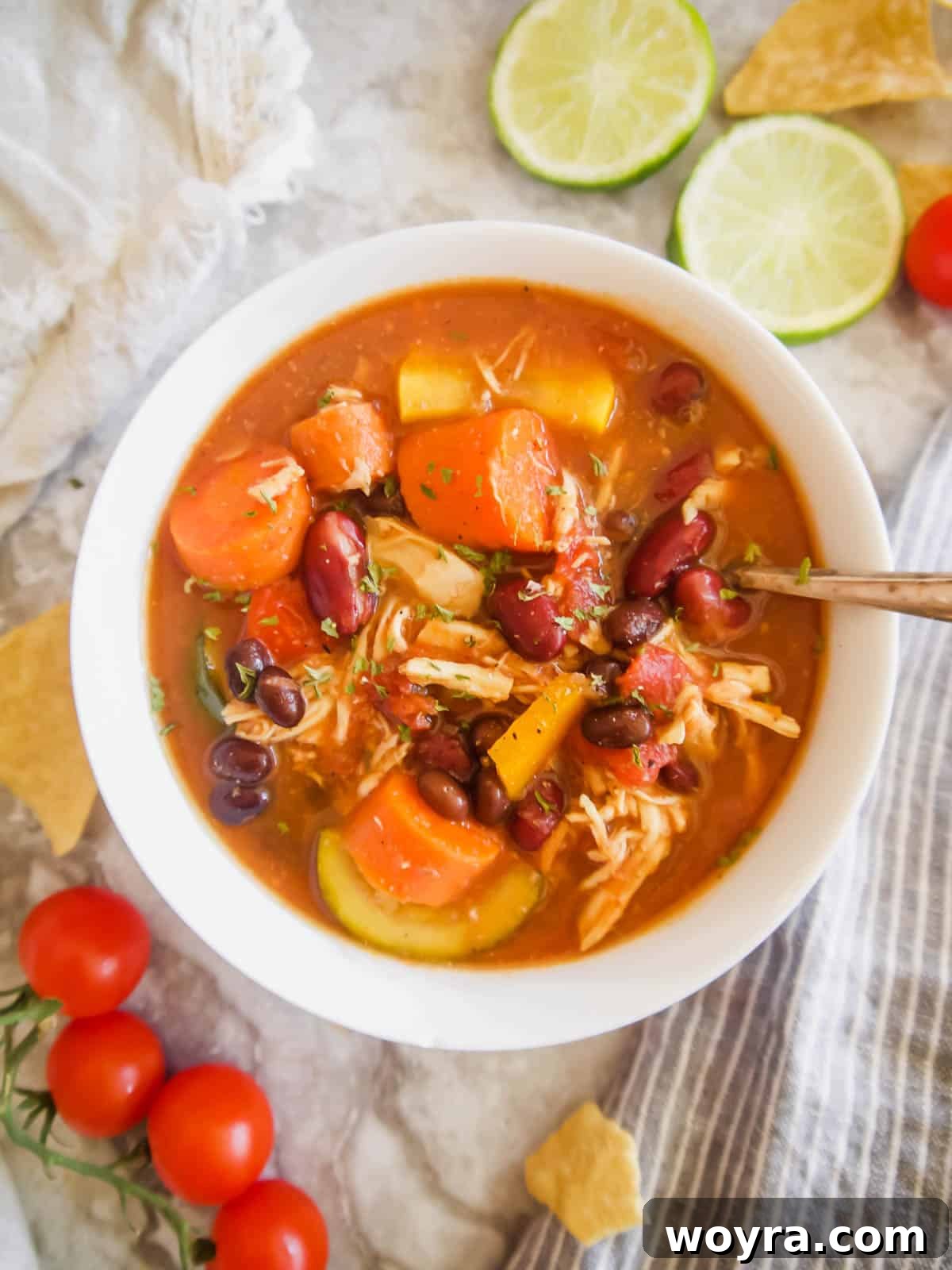 A bowl of Slow Cooker Shredded Chicken and Vegetable Chili garnished with fresh herbs and toppings.