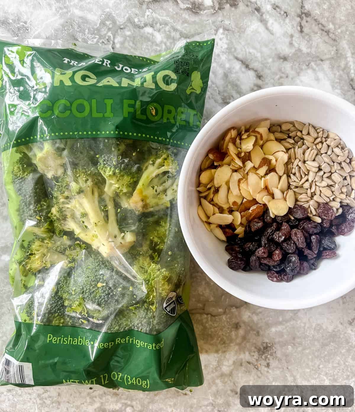 Ingredients needed to make healthy broccoli salad.