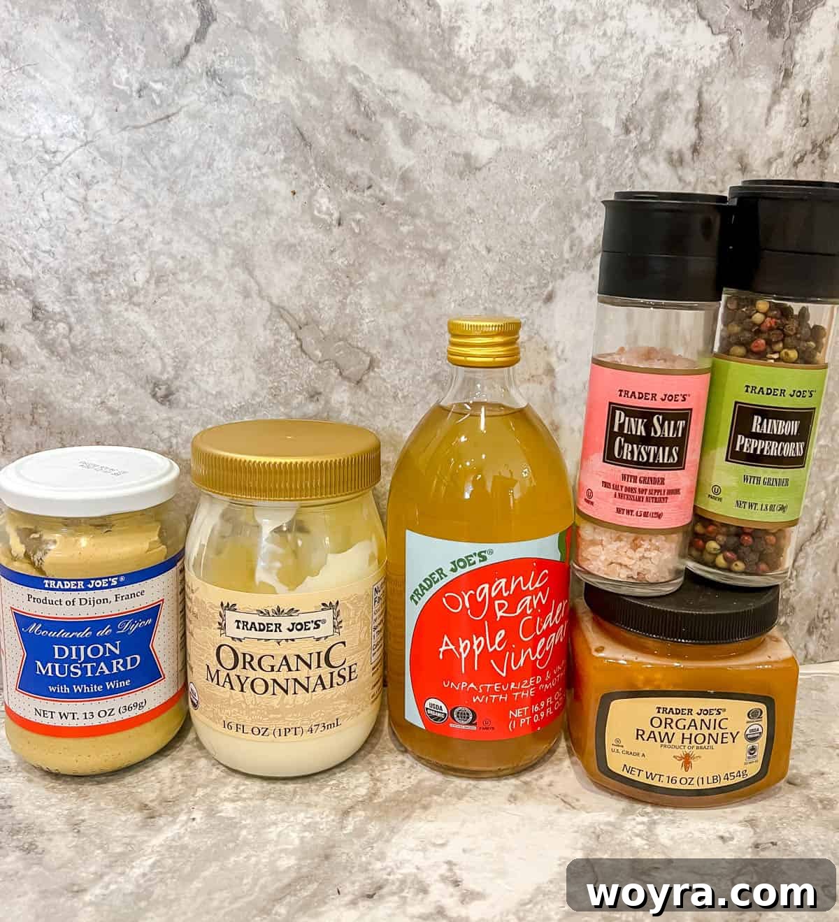 Ingredients needed to make the dressing for healthy broccoli salad.
