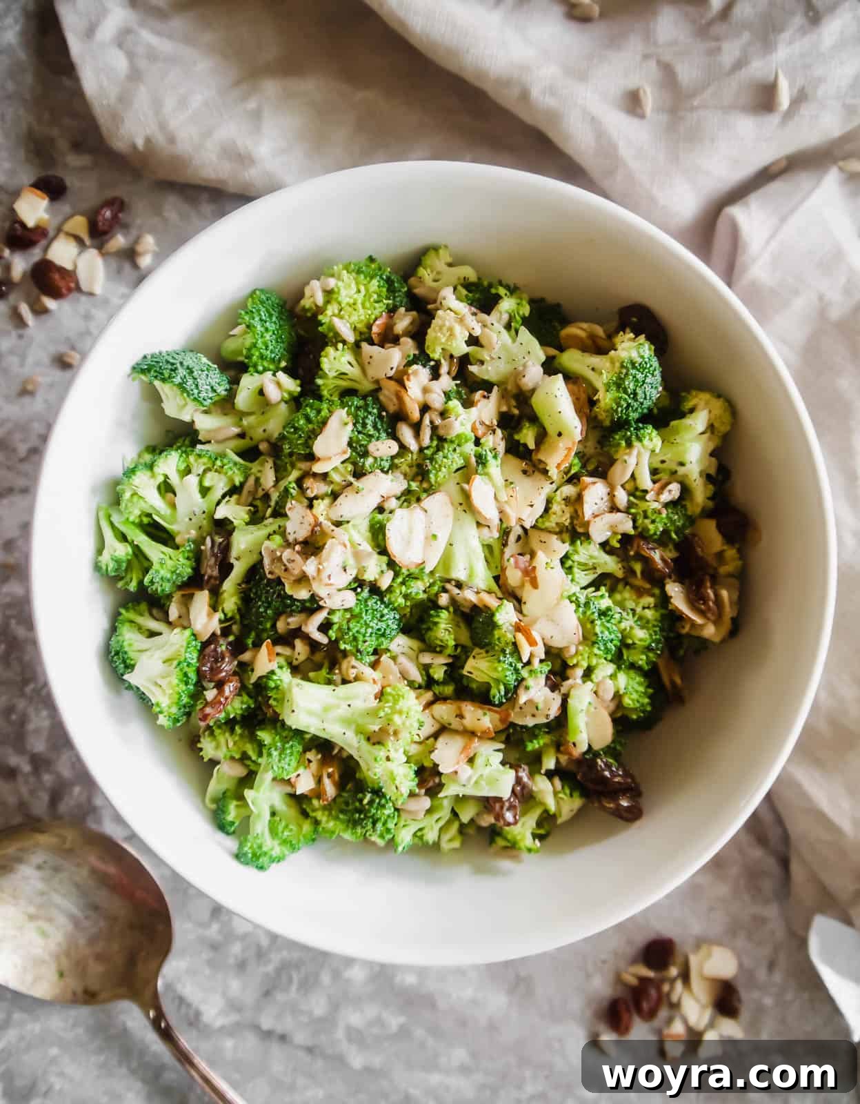 The whole dairy-free broccoli salad mixed together in a large bowl.