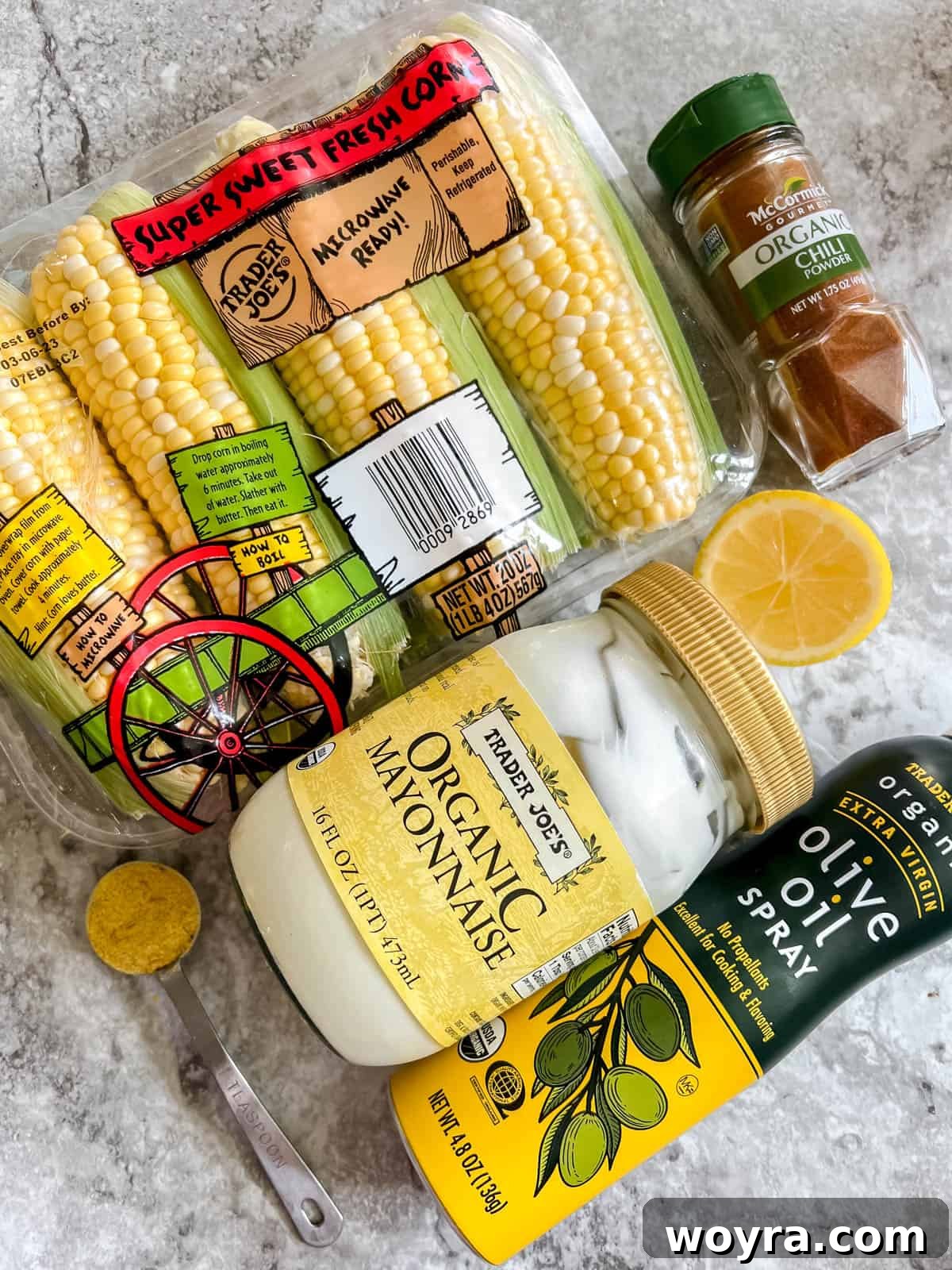 Plant-Based Mexican Street Corn 4 Ingredients needed to make dairy-free Mexican street corn laid out on a surface.