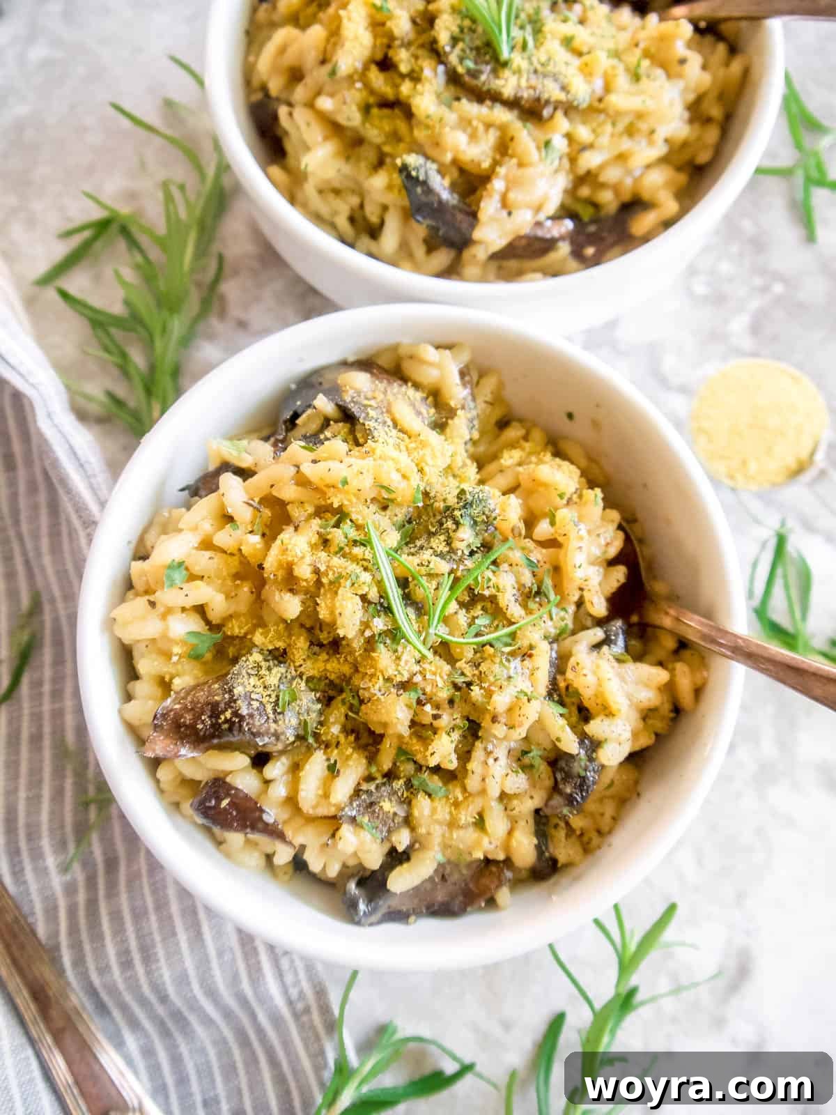 An aerial view of dairy-free risotto served in elegant bowls.