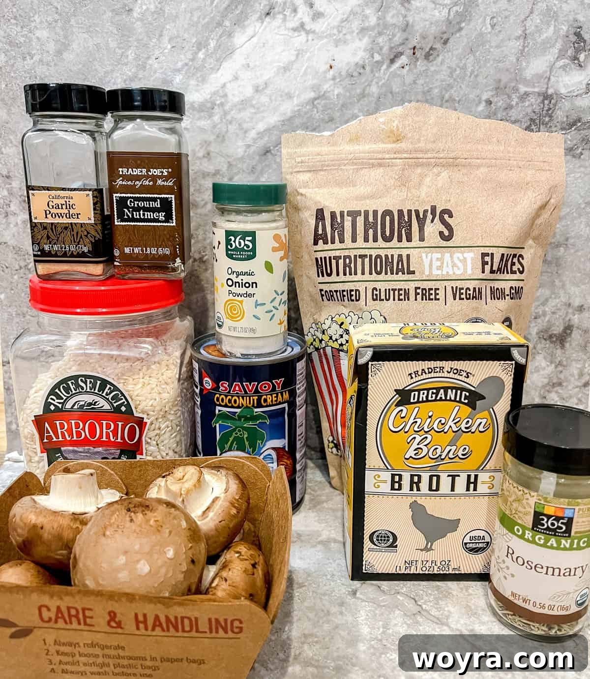 All the fresh and pantry ingredients laid out to make dairy-free mushroom risotto.