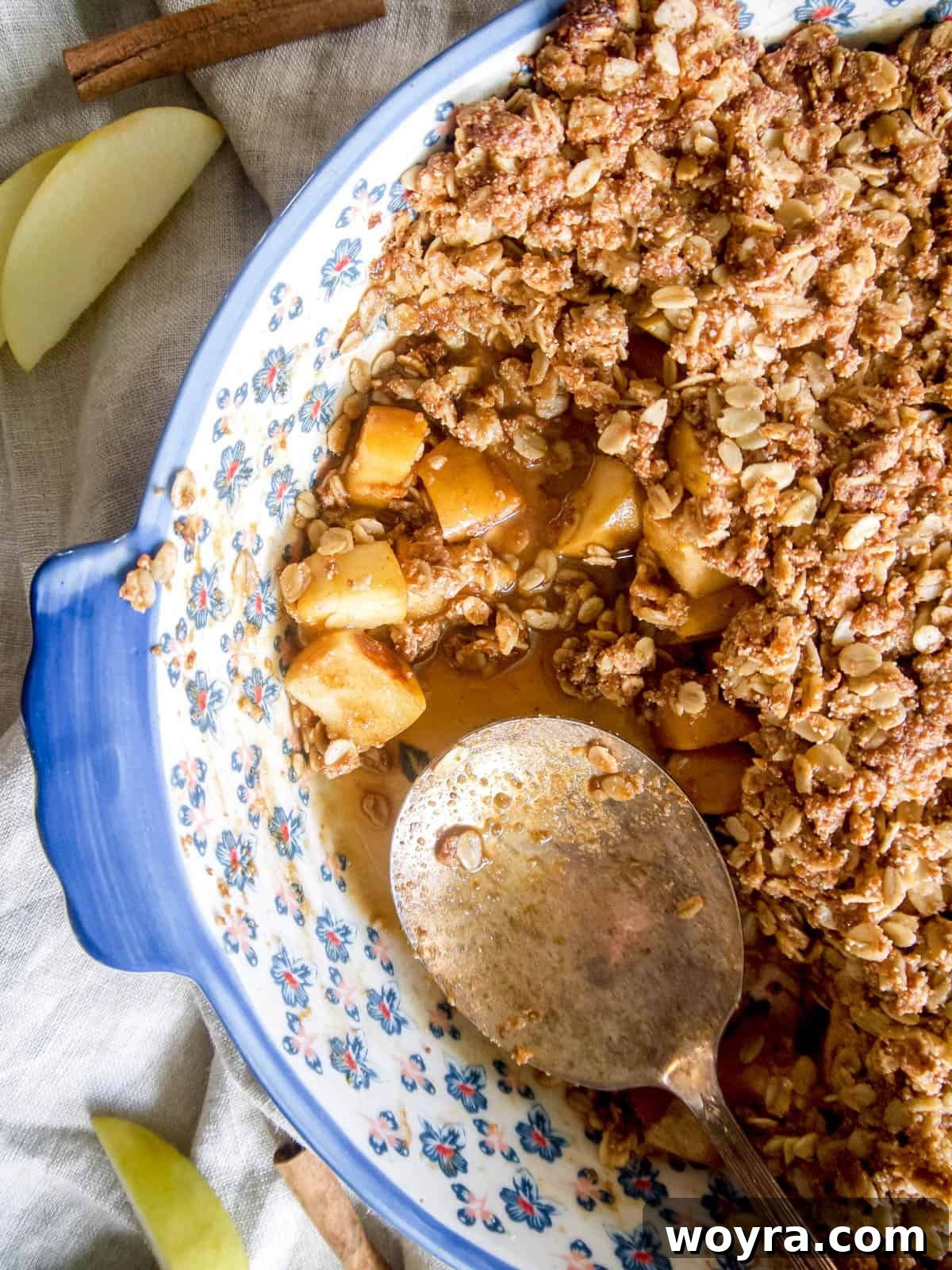 Wholesome Vegan Apple Crisp 3 Finished vegan apple crisp with a spoon in the dish. A close-up of the delicious baked apple crisp, ready to be scooped.