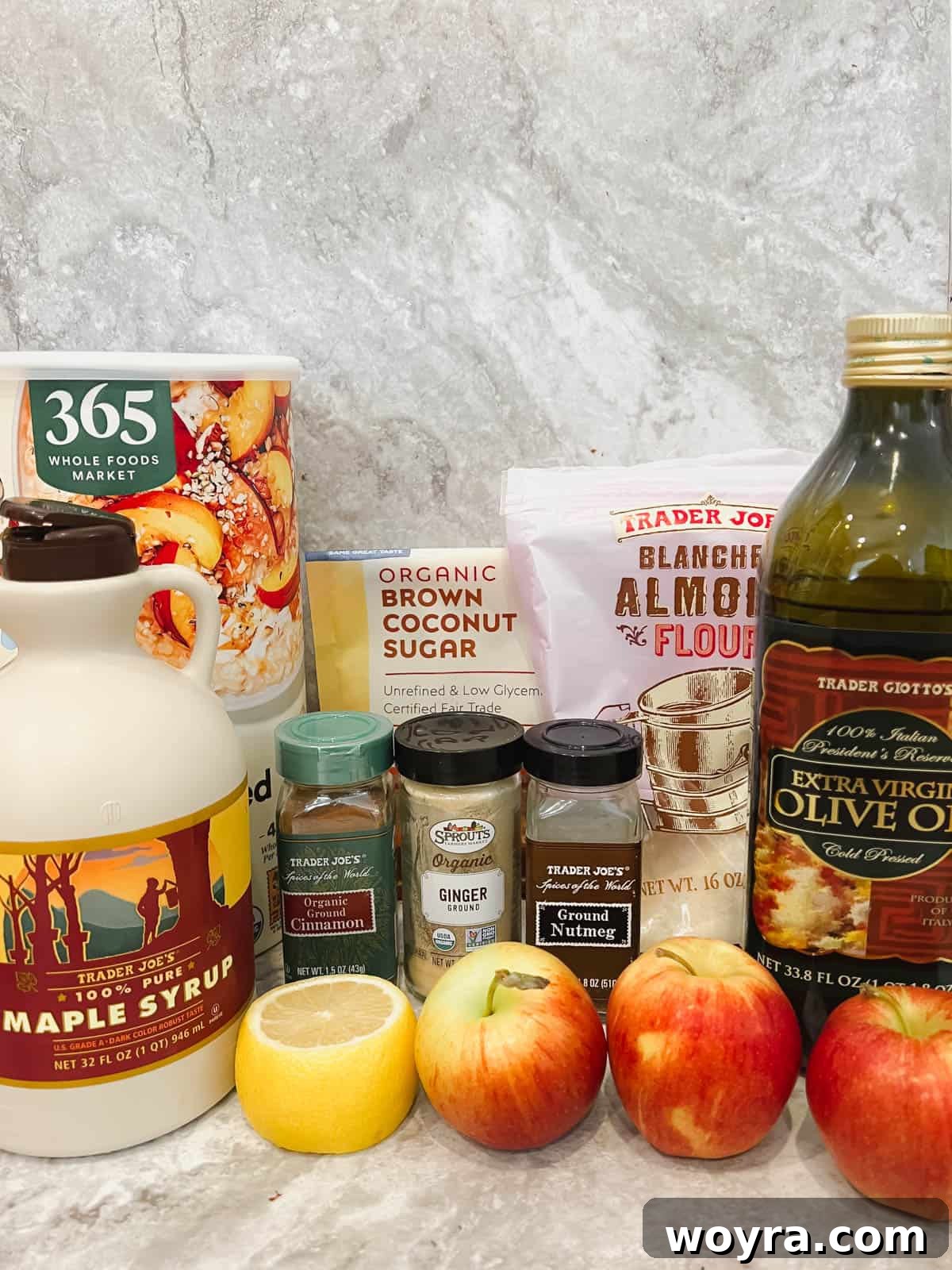 Wholesome Vegan Apple Crisp 4 Ingredients needed to make dairy free gluten free apple crisp. A flat lay of all the fresh, natural ingredients required for the apple crisp recipe.