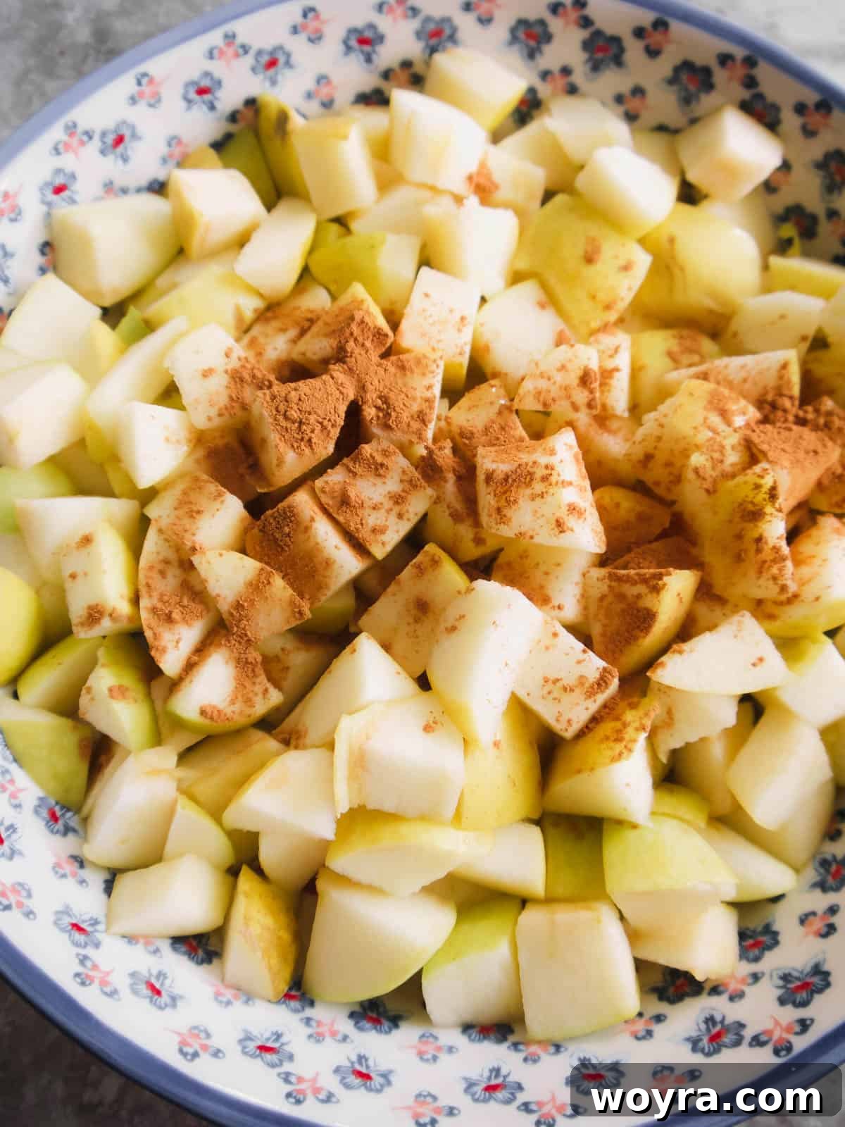 Wholesome Vegan Apple Crisp 5 Apples and seasoning in a baking dish prior to baking. Diced apples tossed with spices and lemon juice in a baking pan.