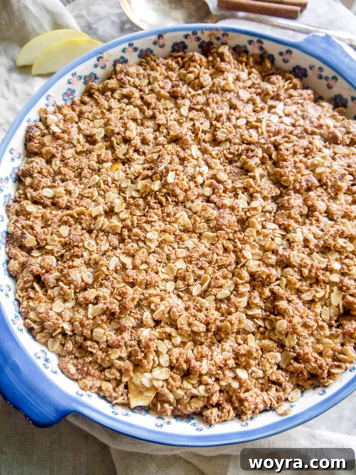 Wholesome Vegan Apple Crisp 8 Freshly baked vegan gluten free apple crisp. The finished golden-brown apple crisp, straight from the oven.