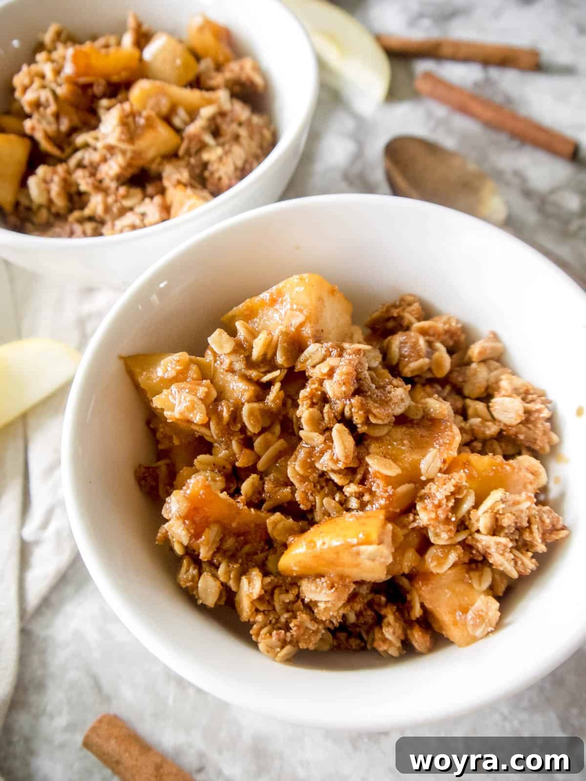 Wholesome Vegan Apple Crisp 9 Gluten-free Dairy-free Apple Crisp in a bowl. A close-up of a serving of gluten-free, dairy-free apple crisp in a bowl, showing the rich fruit and crumbly topping.