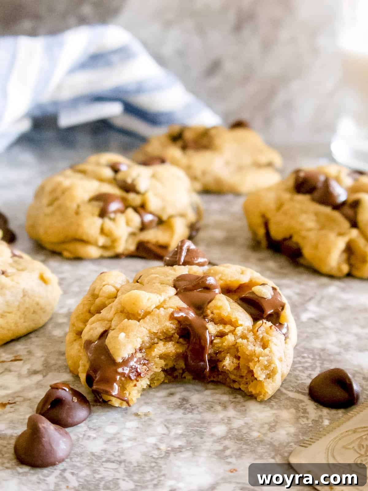 Mediterranean Chocolate Chip Jewels 2 A delectable olive oil chocolate chip cookie with a bite taken out, showcasing a perfectly melted and gooey chocolate center.