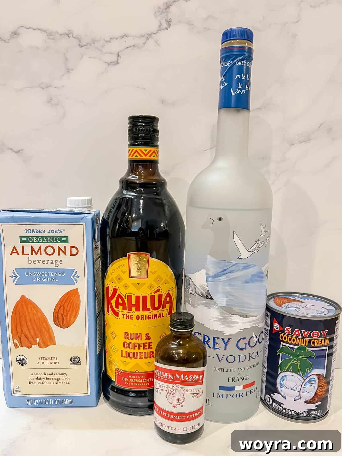 Peppermint Cloud White Russian 3 Ingredients laid out for making a dairy-free peppermint white russian cocktail.