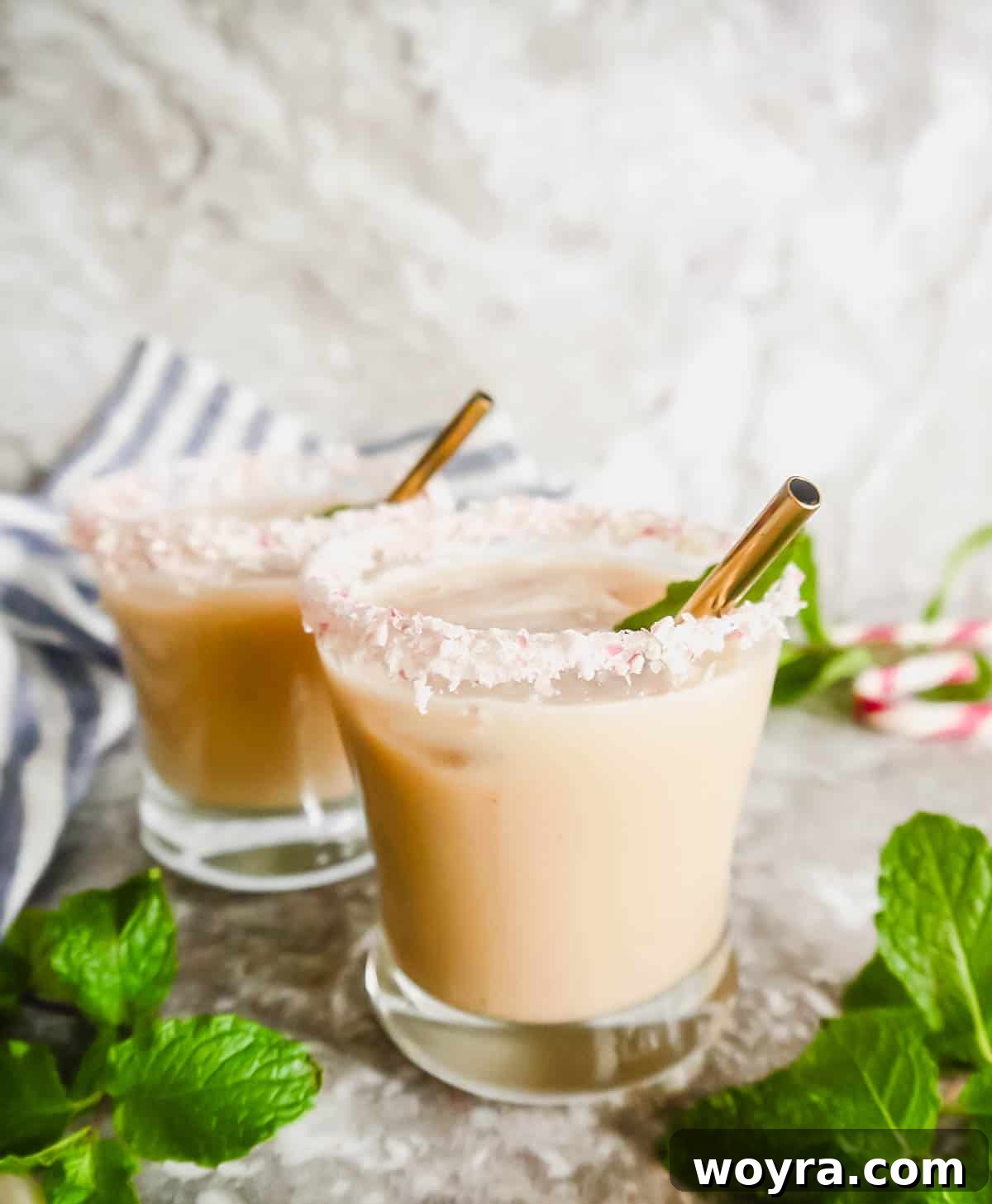 Peppermint Cloud White Russian 5 Two glasses of mint white russians, garnished for the holidays.