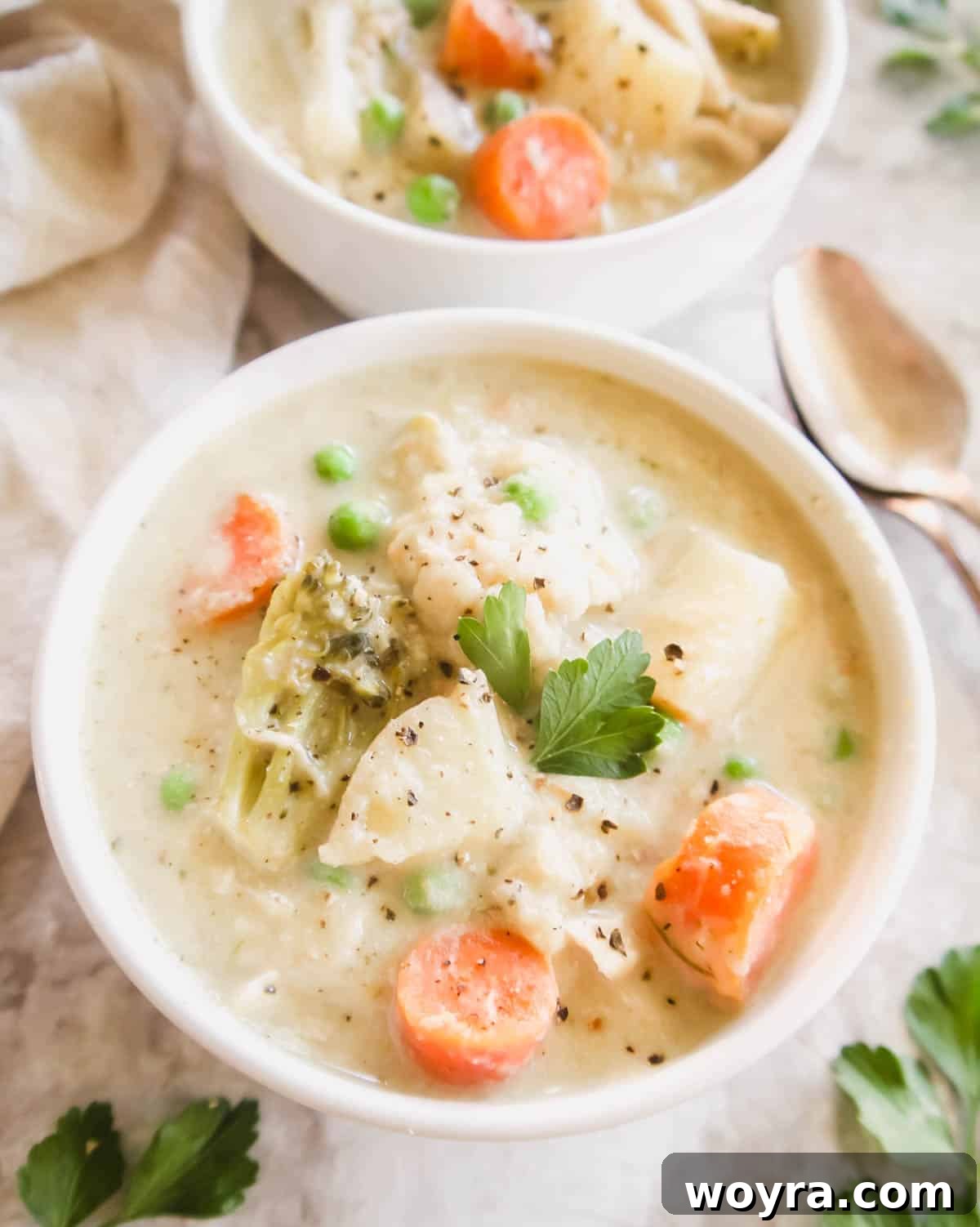 A steaming bowl of healthy slow cooker chicken pot pie soup, garnished with fresh herbs.