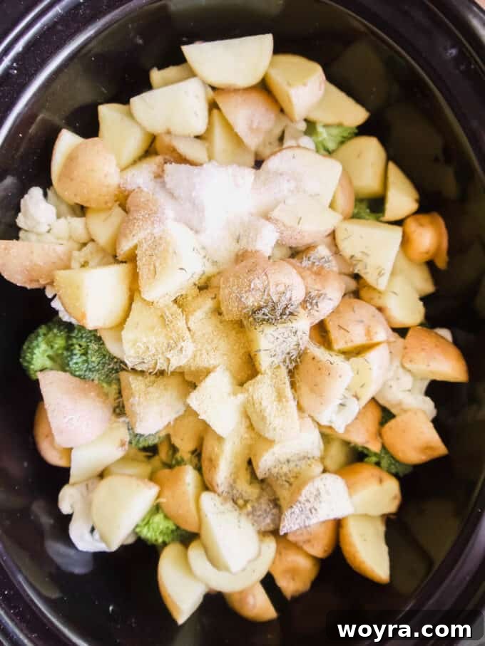 Coconut cream, herbs, and seasonings poured over the vegetables and chicken in the slow cooker.